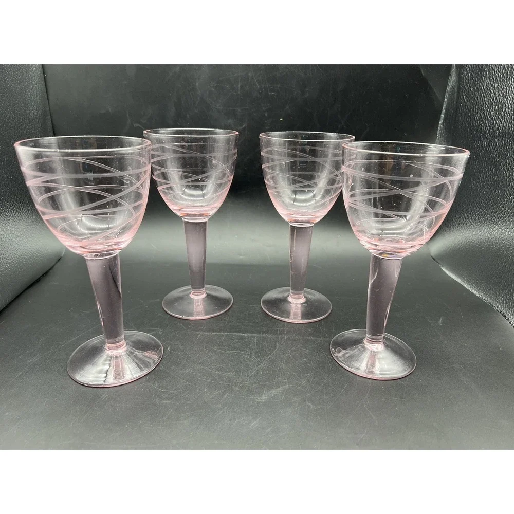 Vintage Pink MCM Wine Glasses w Etched Swirl Pattern Thick Stem 7